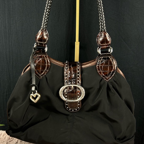 Brighton Handbags - Brighton Vintage Shelly Black Croc-Embossed Leather Shoulder Bag Heart Charm